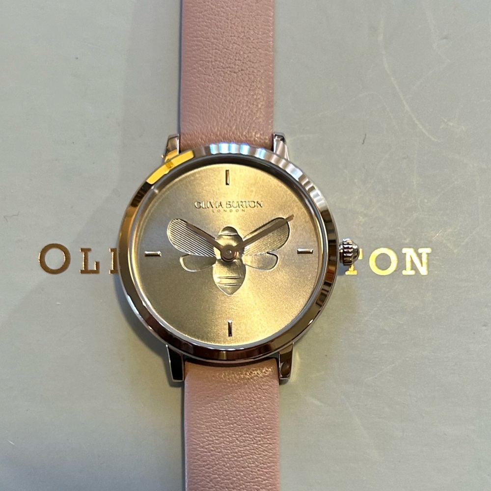 Olivia Burton Watch with 28mm Silver Face With Classic UltaSlim Bee & Pink Band - Picture 2 of 6